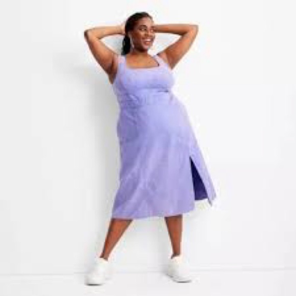 Future collective lilac denim dress with front